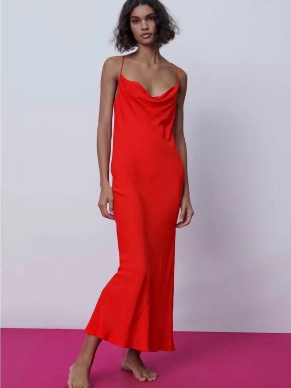 Zara Red Cowl-Neck Slip Maxi Dress
